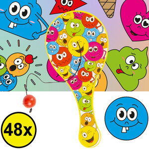 Decopatent 48 STUKS Smiley Paddle Bat Bal Spel met Elastiek - Speelgoed Traktatie Uitdeelcadeautjes voor kinderen - Uitdeelcadeaus