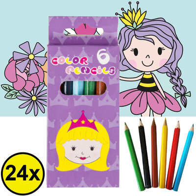 Decopatent 24 STUKS 6-Delige Prinsessen Kleurpotloodjes - Traktatie Uitdeelcadeautjes voor kinderen - Klein Speelgoed - Uitdeelcadeaus - Kleurpotloden