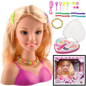 Decopatent Speelgoed Kaphoofd - Sminkpop met make up voor Kinderen - Makeup pop - Kappop - Schminkpop voor Meisjes - Stylinghoofd - Blond Haar - Opmaakpop -  Kapkop met haar accessoires en make-up - Kaphoofd voor Meisjes