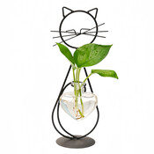Decopatent - IJzeren Staande Poes met vaasje in hartvorm - kat - glazen vaas - vaas glas - Om bloemetjes, stekjes, droogbloemen of luchtplantjes in te zetten