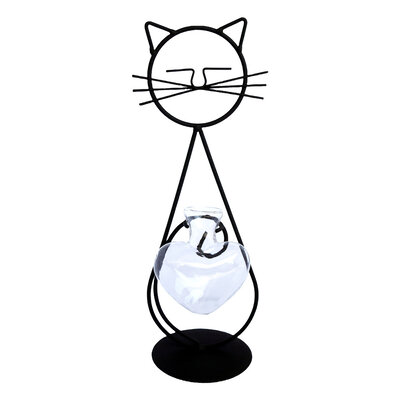 Decopatent - IJzeren Staande Poes met vaasje in hartvorm - kat - glazen vaas - vaas glas - Om bloemetjes, stekjes, droogbloemen of luchtplantjes in te zetten