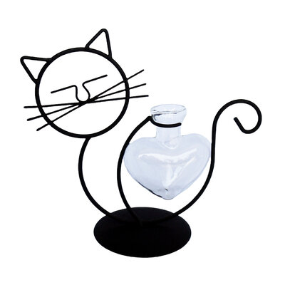 Decopatent - IJzeren Zittende Poes met vaasje in hartvorm - kat - glazen vaas - vaas glas - Om bloemetjes, stekjes, droogbloemen of luchtplantjes in te zetten