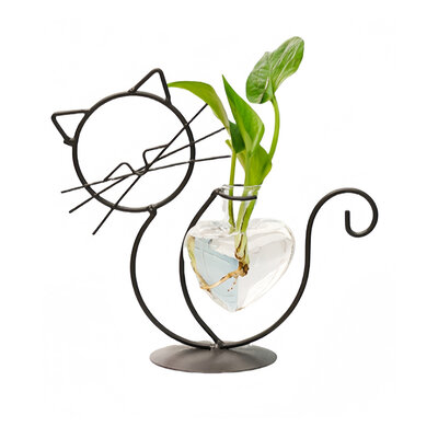 Decopatent - IJzeren Zittende Poes met vaasje in hartvorm - kat - glazen vaas - vaas glas - Om bloemetjes, stekjes, droogbloemen of luchtplantjes in te zetten
