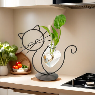 Decopatent - IJzeren Zittende Poes met vaasje in hartvorm - kat - glazen vaas - vaas glas - Om bloemetjes, stekjes, droogbloemen of luchtplantjes in te zetten