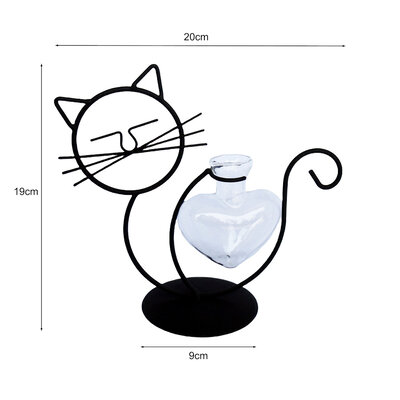 Decopatent - IJzeren Zittende Poes met vaasje in hartvorm - kat - glazen vaas - vaas glas - Om bloemetjes, stekjes, droogbloemen of luchtplantjes in te zetten