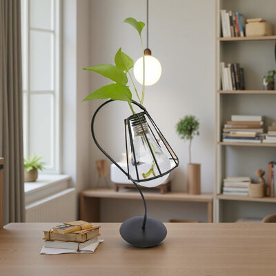 Decopatent - Metalen Staande Decoratie Bloemenlamp - glazen lamp vaas - vaasje glas - Om bloemetjes, stekjes, droogbloemen of luchtplantjes in te zetten