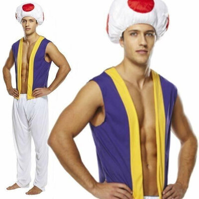 Henbrandt Henbrandt - VOLWASSENEN HEREN 3-Delig Paddenstoel Kostuum, bestaande uit: Overhemd, Broek en Paddenstoelen Muts - Mario Paddestoel Kostuum - TOAD uit Mario Kart - Carnavalskleding - Verkleedkleding - Vrijgezellenfeest - Man - Maat: ONE SIZE FITTS ALL