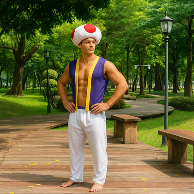 Henbrandt Henbrandt - VOLWASSENEN HEREN 3-Delig Paddenstoel Kostuum, bestaande uit: Overhemd, Broek en Paddenstoelen Muts - Mario Paddestoel Kostuum - TOAD uit Mario Kart - Carnavalskleding - Verkleedkleding - Vrijgezellenfeest - Man - Maat: ONE SIZE FITTS ALL