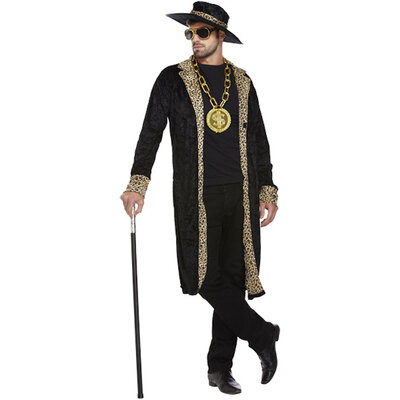 Henbrandt Henbrandt - VOLWASSENEN HEREN PIMP / POOIER Kostuum, bestaande uit: Zwarte Lange Jas en Hoed met Tijgerprint - Gangster kostuum - Carnavalskleding - Verkleedkleding - Vrijgezellenfeest - Man - Maat: ONE SIZE FITTS ALL