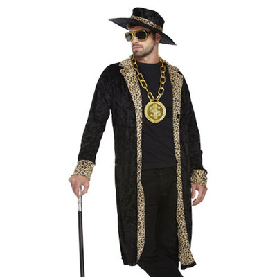Henbrandt Henbrandt - VOLWASSENEN HEREN PIMP / POOIER Kostuum, bestaande uit: Zwarte Lange Jas en Hoed met Tijgerprint - Gangster kostuum - Carnavalskleding - Verkleedkleding - Vrijgezellenfeest - Man - Maat: ONE SIZE FITTS ALL