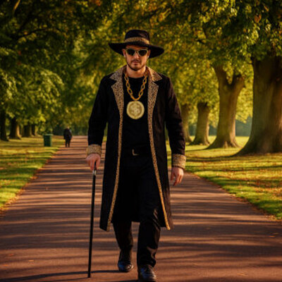 Henbrandt Henbrandt - VOLWASSENEN HEREN PIMP / POOIER Kostuum, bestaande uit: Zwarte Lange Jas en Hoed met Tijgerprint - Gangster kostuum - Carnavalskleding - Verkleedkleding - Vrijgezellenfeest - Man - Maat: ONE SIZE FITTS ALL