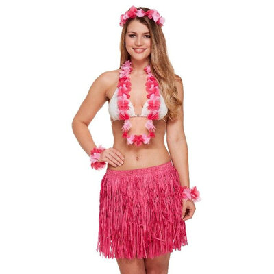 Henbrandt Henbrandt - 5-DELIGE VOLWASSENEN HAWAI SET - Bestaande uit: Hawai Rokje / Hawaïkrans / 2x Hawaii Armbanden - 1x Hawaii Hoofdband - Hawaii kostuum - Carnavalskleding - Verkleedkleding - Strandfeest - Vrouw - Maat: ONE SIZE FITTS ALL - Kleur: Roze