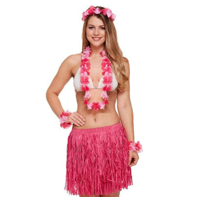 Henbrandt Henbrandt - 5-DELIGE VOLWASSENEN HAWAI SET - Bestaande uit: Hawai Rokje / Hawaïkrans / 2x Hawaii Armbanden - 1x Hawaii Hoofdband - Hawaii kostuum - Carnavalskleding - Verkleedkleding - Strandfeest - Vrouw - Maat: ONE SIZE FITTS ALL - Kleur: Roze