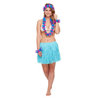 Henbrandt Henbrandt - 5-DELIGE VOLWASSENEN HAWAI SET - Bestaande uit: Hawai Rokje / Hawaïkrans / 2x Hawaii Armbanden - 1x Hawaii Hoofdband - Hawaii kostuum - Carnavalskleding - Verkleedkleding - Strandfeest - Vrouw - Maat: ONE SIZE FITTS ALL - Kleur: Blauw