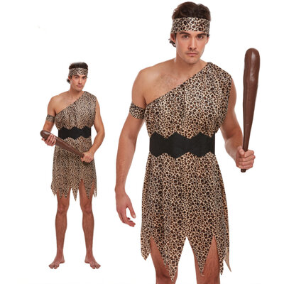 Henbrandt Henbrandt - VOLWASSENEN CAVEMAN HOLBEWONER Kostuum - Bestaande uit: Holbewoner Tuniek, Riem, Bovenarmband, Hoofdband - Hol Bewoner Oertijd kostuum - Carnavalskleding - Verkleedkleding - Vrijgezellenfeest - Man - Maat: ONE SIZE FITTS ALL