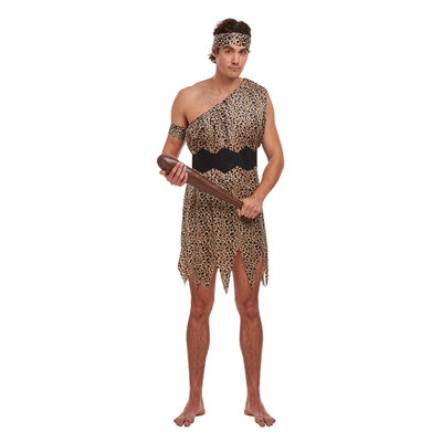 Henbrandt Henbrandt - VOLWASSENEN CAVEMAN HOLBEWONER Kostuum - Bestaande uit: Holbewoner Tuniek, Riem, Bovenarmband, Hoofdband - Hol Bewoner Oertijd kostuum - Carnavalskleding - Verkleedkleding - Vrijgezellenfeest - Man - Maat: ONE SIZE FITTS ALL