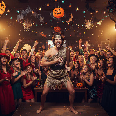 Henbrandt Henbrandt - VOLWASSENEN CAVEMAN HOLBEWONER Kostuum - Bestaande uit: Holbewoner Tuniek, Riem, Bovenarmband, Hoofdband - Hol Bewoner Oertijd kostuum - Carnavalskleding - Verkleedkleding - Vrijgezellenfeest - Man - Maat: ONE SIZE FITTS ALL