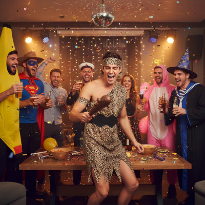 Henbrandt Henbrandt - VOLWASSENEN CAVEMAN HOLBEWONER Kostuum - Bestaande uit: Holbewoner Tuniek, Riem, Bovenarmband, Hoofdband - Hol Bewoner Oertijd kostuum - Carnavalskleding - Verkleedkleding - Vrijgezellenfeest - Man - Maat: ONE SIZE FITTS ALL