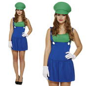 Henbrandt Henbrandt - VOLWASSENEN DAMES LUIGI Kostuum, bestaande uit: Shirt, Tuinbroekje / Jurk, Luigi Pet - Mario Bros Luigi kostuum - Carnavalskleding - Verkleedkleding - Vrijgezellenfeest - Dames - Maat: ONE SIZE FITTS ALL