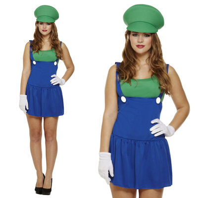 Henbrandt Henbrandt - VOLWASSENEN DAMES LUIGI Kostuum, bestaande uit: Shirt, Tuinbroekje / Jurk, Luigi Pet - Mario Bros Luigi kostuum - Carnavalskleding - Verkleedkleding - Vrijgezellenfeest - Dames - Maat: ONE SIZE FITTS ALL