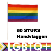 Henbrandt Henbrandt - 50 STUKS Regenboog Gay Pride LGBTQ+ Handvlaggen (29 Cm x 17 Cm) met Houten stok van 40 Cm - Hand Vlag - Vlaggetjes met Handvat - Materiaal: Nylon & Hout