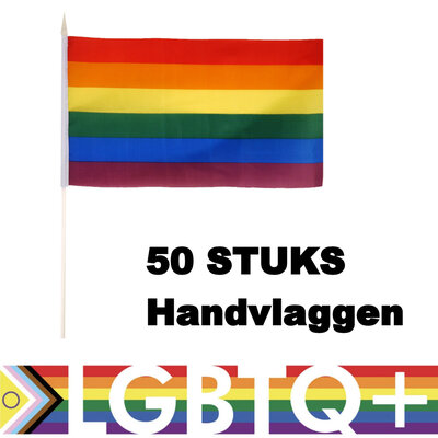 Henbrandt Henbrandt - 50 STUKS Regenboog Gay Pride LGBTQ+ Handvlaggen (29 Cm x 17 Cm) met Houten stok van 40 Cm - Hand Vlag - Vlaggetjes met Handvat - Materiaal: Nylon & Hout