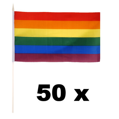Henbrandt Henbrandt - 50 STUKS Regenboog Gay Pride LGBTQ+ Handvlaggen (29 Cm x 17 Cm) met Houten stok van 40 Cm - Hand Vlag - Vlaggetjes met Handvat - Materiaal: Nylon & Hout