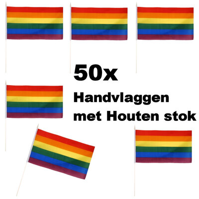 Henbrandt Henbrandt - 50 STUKS Regenboog Gay Pride LGBTQ+ Handvlaggen (29 Cm x 17 Cm) met Houten stok van 40 Cm - Hand Vlag - Vlaggetjes met Handvat - Materiaal: Nylon & Hout