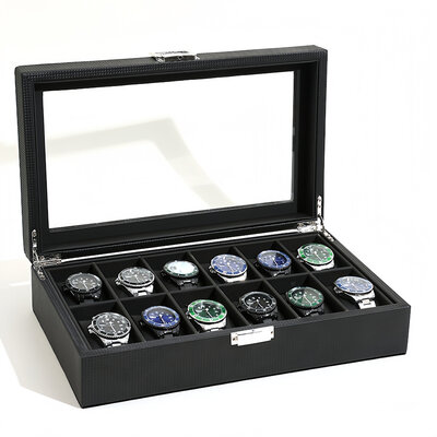 Decopatent - Luxe PU Horloge Doos - Horlogebox - Geschikt voor Heren en Dames - Horloge Opbergdoos - 12 Vakken - Zwart met Zwarte Inleg