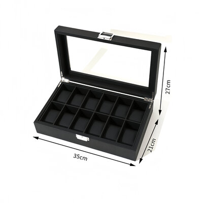 Decopatent - Luxe PU Horloge Doos - Horlogebox - Geschikt voor Heren en Dames - Horloge Opbergdoos - 12 Vakken - Zwart met Zwarte Inleg