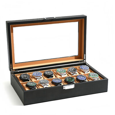 Decopatent - Luxe PU Horloge Doos - Horlogebox - Geschikt voor Heren en Dames - Horloge Opbergdoos - 12 Vakken - Zwart met Licht Bruine Inleg
