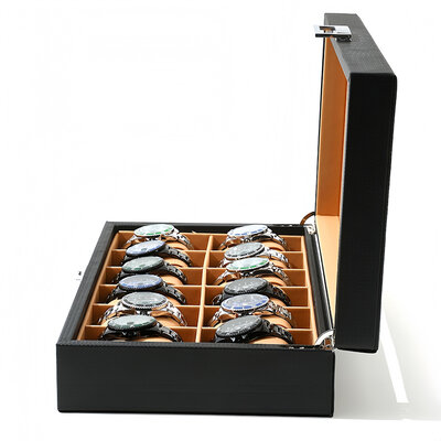 Decopatent - Luxe PU Horloge Doos - Horlogebox - Geschikt voor Heren en Dames - Horloge Opbergdoos - 12 Vakken - Zwart met Licht Bruine Inleg