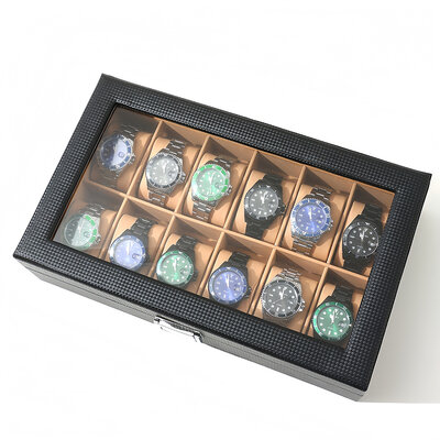Decopatent - Luxe PU Horloge Doos - Horlogebox - Geschikt voor Heren en Dames - Horloge Opbergdoos - 12 Vakken - Zwart met Licht Bruine Inleg