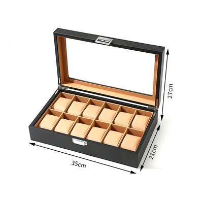 Decopatent - Luxe PU Horloge Doos - Horlogebox - Geschikt voor Heren en Dames - Horloge Opbergdoos - 12 Vakken - Zwart met Licht Bruine Inleg