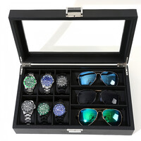 Decopatent - Luxe PU Horloge Doos en Zonnebrillen Doos in 1 - Horlogebox - Zonnebrillen box - Geschikt voor Heren en Dames - Horloge / Zonnebrillen Opbergdoos - 6 Horloge Vakken & 3 Zonnenbrillen Vakken  - Zwart met Zwarte Inleg