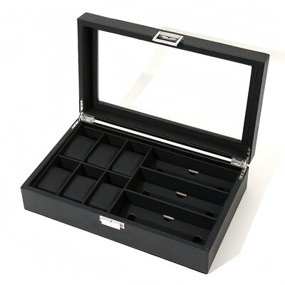 Decopatent - Luxe PU Horloge Doos en Zonnebrillen Doos in 1 - Horlogebox - Zonnebrillen box - Geschikt voor Heren en Dames - Horloge / Zonnebrillen Opbergdoos - 6 Horloge Vakken & 3 Zonnenbrillen Vakken  - Zwart met Zwarte Inleg