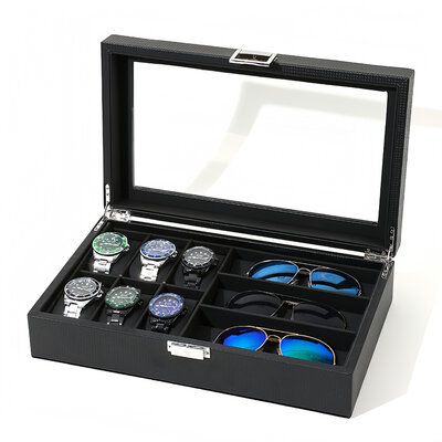 Decopatent - Luxe PU Horloge Doos en Zonnebrillen Doos in 1 - Horlogebox - Zonnebrillen box - Geschikt voor Heren en Dames - Horloge / Zonnebrillen Opbergdoos - 6 Horloge Vakken & 3 Zonnenbrillen Vakken  - Zwart met Zwarte Inleg