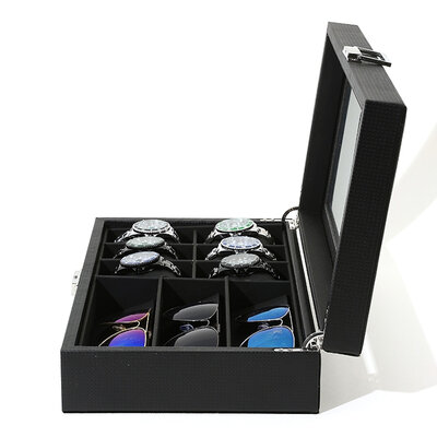 Decopatent - Luxe PU Horloge Doos en Zonnebrillen Doos in 1 - Horlogebox - Zonnebrillen box - Geschikt voor Heren en Dames - Horloge / Zonnebrillen Opbergdoos - 6 Horloge Vakken & 3 Zonnenbrillen Vakken  - Zwart met Zwarte Inleg