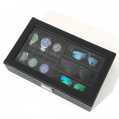 Decopatent - Luxe PU Horloge Doos en Zonnebrillen Doos in 1 - Horlogebox - Zonnebrillen box - Geschikt voor Heren en Dames - Horloge / Zonnebrillen Opbergdoos - 6 Horloge Vakken & 3 Zonnenbrillen Vakken  - Zwart met Zwarte Inleg
