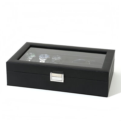Decopatent - Luxe PU Horloge Doos en Zonnebrillen Doos in 1 - Horlogebox - Zonnebrillen box - Geschikt voor Heren en Dames - Horloge / Zonnebrillen Opbergdoos - 6 Horloge Vakken & 3 Zonnenbrillen Vakken  - Zwart met Zwarte Inleg