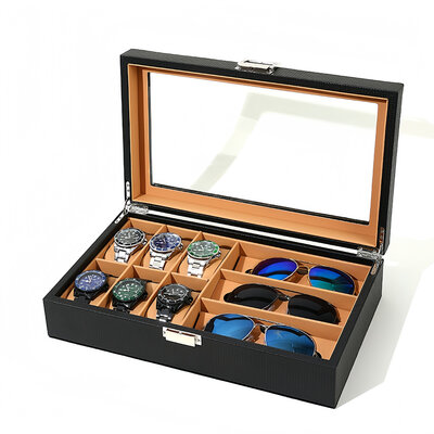 Decopatent - Luxe PU Horloge Doos en Zonnebrillen Doos in 1 - Horlogebox - Zonnebrillen box - Geschikt voor Heren en Dames - Horloge / Zonnebrillen Opbergdoos - 6 Horloge Vakken & 3 Zonnenbrillen Vakken  - Zwart met Licht Bruine Inleg