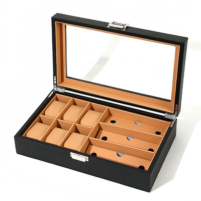 Decopatent - Luxe PU Horloge Doos en Zonnebrillen Doos in 1 - Horlogebox - Zonnebrillen box - Geschikt voor Heren en Dames - Horloge / Zonnebrillen Opbergdoos - 6 Horloge Vakken & 3 Zonnenbrillen Vakken  - Zwart met Licht Bruine Inleg