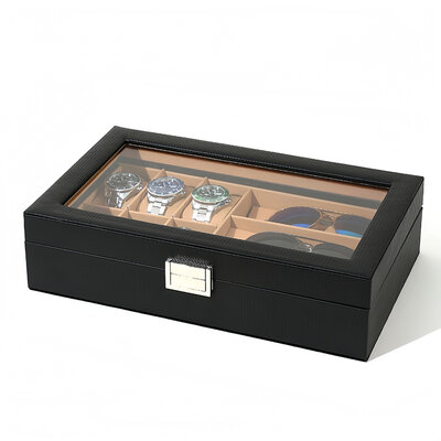 Decopatent - Luxe PU Horloge Doos en Zonnebrillen Doos in 1 - Horlogebox - Zonnebrillen box - Geschikt voor Heren en Dames - Horloge / Zonnebrillen Opbergdoos - 6 Horloge Vakken & 3 Zonnenbrillen Vakken  - Zwart met Licht Bruine Inleg