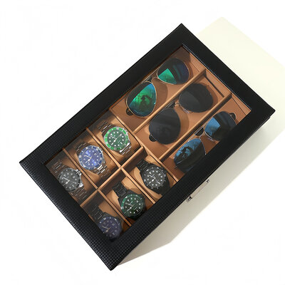 Decopatent - Luxe PU Horloge Doos en Zonnebrillen Doos in 1 - Horlogebox - Zonnebrillen box - Geschikt voor Heren en Dames - Horloge / Zonnebrillen Opbergdoos - 6 Horloge Vakken & 3 Zonnenbrillen Vakken  - Zwart met Licht Bruine Inleg