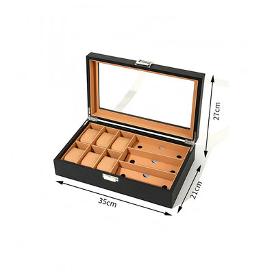 Decopatent - Luxe PU Horloge Doos en Zonnebrillen Doos in 1 - Horlogebox - Zonnebrillen box - Geschikt voor Heren en Dames - Horloge / Zonnebrillen Opbergdoos - 6 Horloge Vakken & 3 Zonnenbrillen Vakken  - Zwart met Licht Bruine Inleg