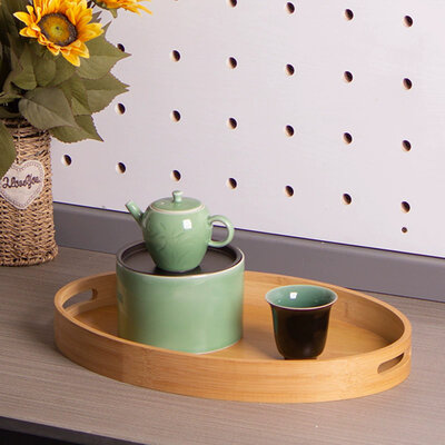 Decopatent - Dienblad Bamboe Hout Ovaal - Koffie / Thee dienblad met handvaten - Fruitschaal - Keuken serveer tray dienblad met opstaande rand  - Afm. 29 x 20.5 x 5 Cm.