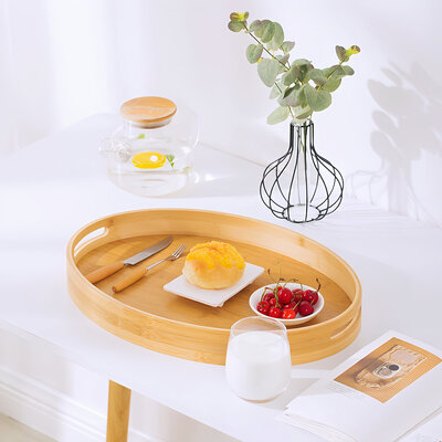 Decopatent - Dienblad Bamboe Hout Ovaal - Koffie / Thee dienblad met handvaten - Fruitschaal - Keuken serveer tray dienblad met opstaande rand  - Afm. 45 x 31 x 5 Cm.