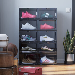 Decopatent - Schoenen Opbergsysteem Schoenenbox - Schoenendoos Black - Sneakerbox - Shoebox - Schoenen opbergen -  Stapelbaar - Display doos voor Sneakers & Pumps - Organizer - Collector Storagebox Display - Kleur: ZWART - 1 Stuk