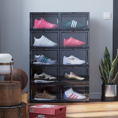 Decopatent - Schoenen Opbergsysteem Schoenenbox - Schoenendoos Black - Sneakerbox - Shoebox - Schoenen opbergen -  Stapelbaar - Display doos voor Sneakers & Pumps - Organizer - Collector Storagebox Display - Kleur: ZWART - 1 Stuk