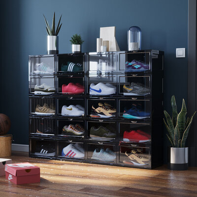 Decopatent - Schoenen Opbergsysteem Schoenenbox - Schoenendoos Black - Sneakerbox - Shoebox - Schoenen opbergen -  Stapelbaar - Display doos voor Sneakers & Pumps - Organizer - Collector Storagebox Display - Kleur: ZWART - 1 Stuk